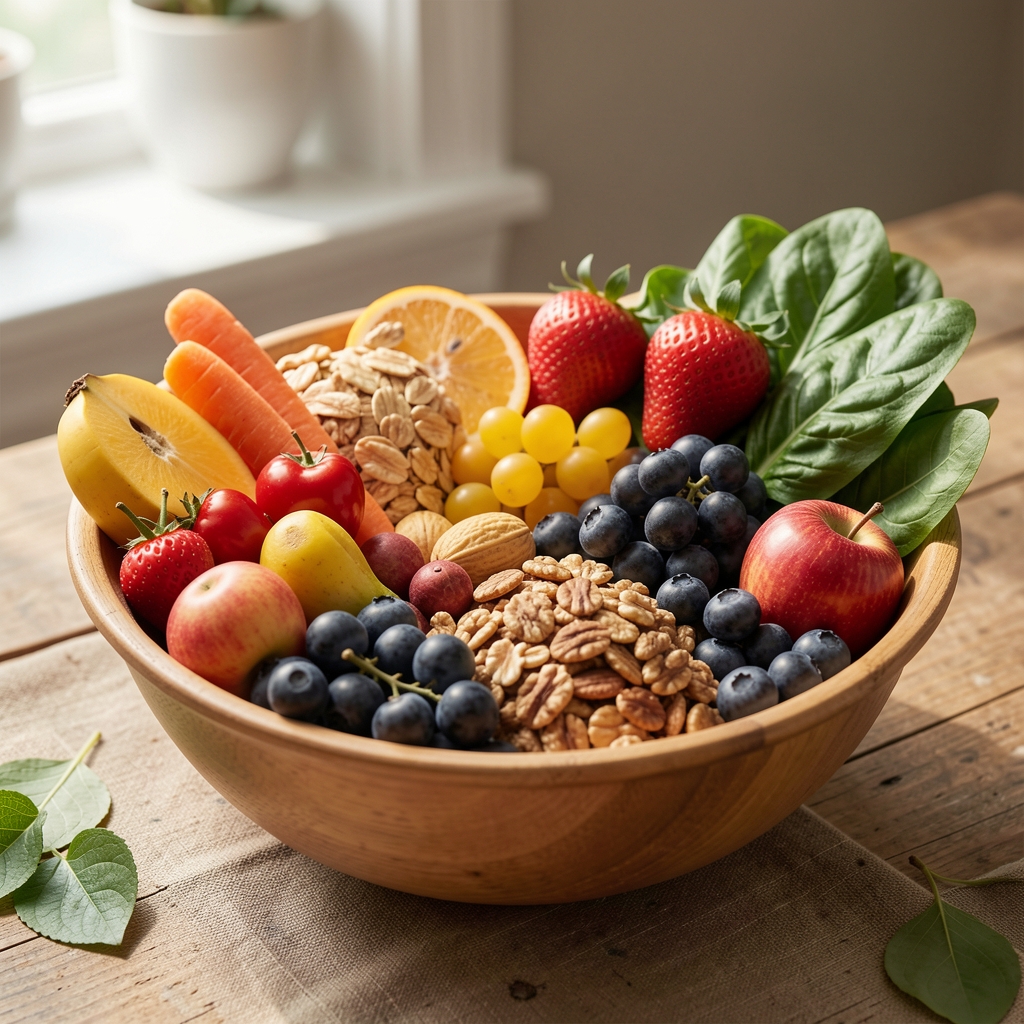 Bowl of whole foods in natural light, seasonal produce arrangement