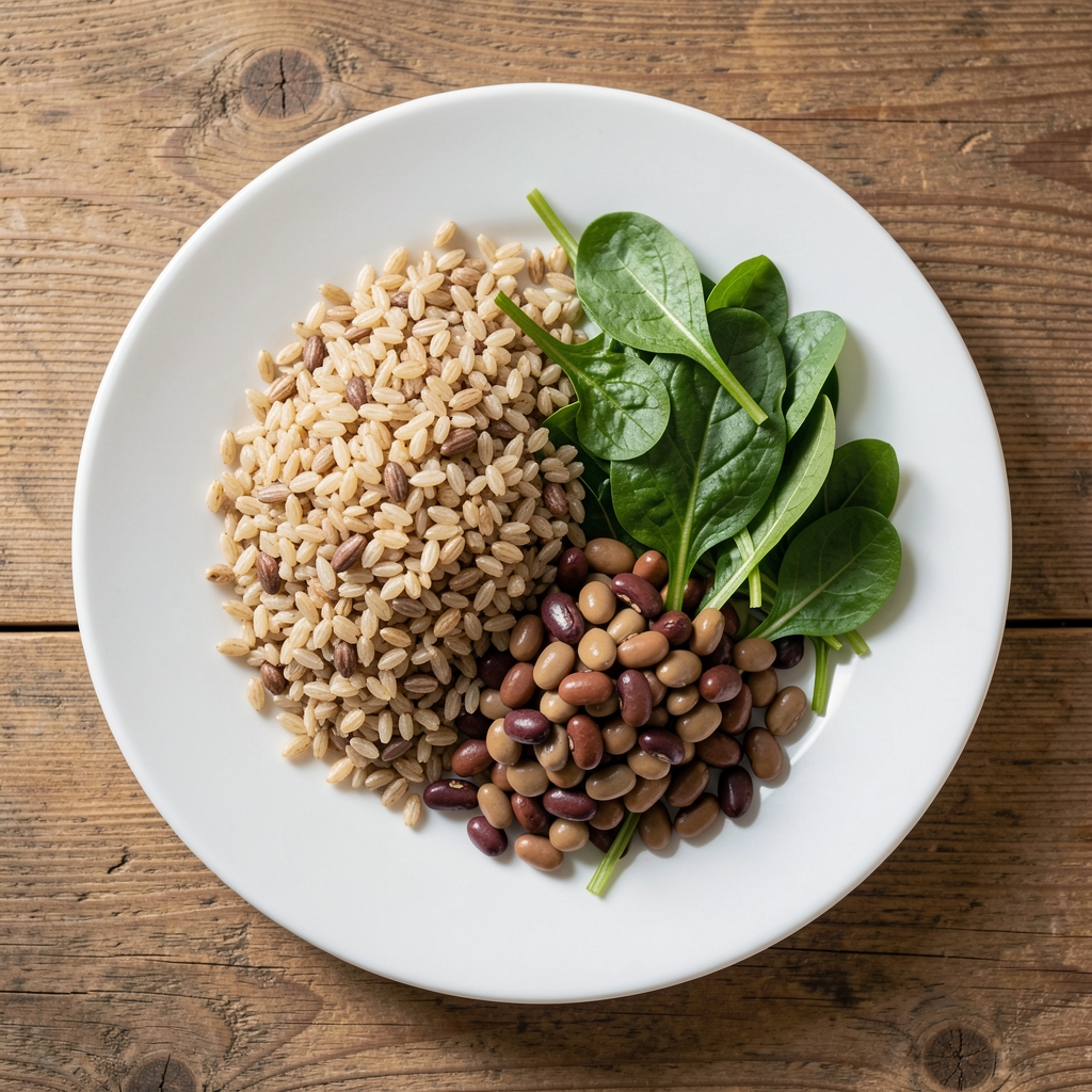 Overhead view of a measured meal on a white ceramic plate with whole grains, legumes and leafy greens on a wooden surface in soft daylight